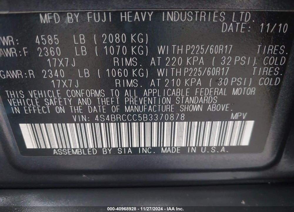 2011 SUBARU OUTBACK 2.5I PREMIUM VIN: 4S4BRCCC5B3370878