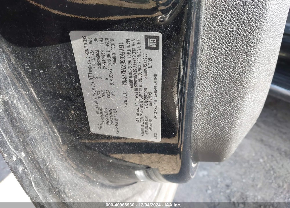 2007 CADILLAC ESCALADE ESV STANDARD VIN: 1GYFK66827R378163