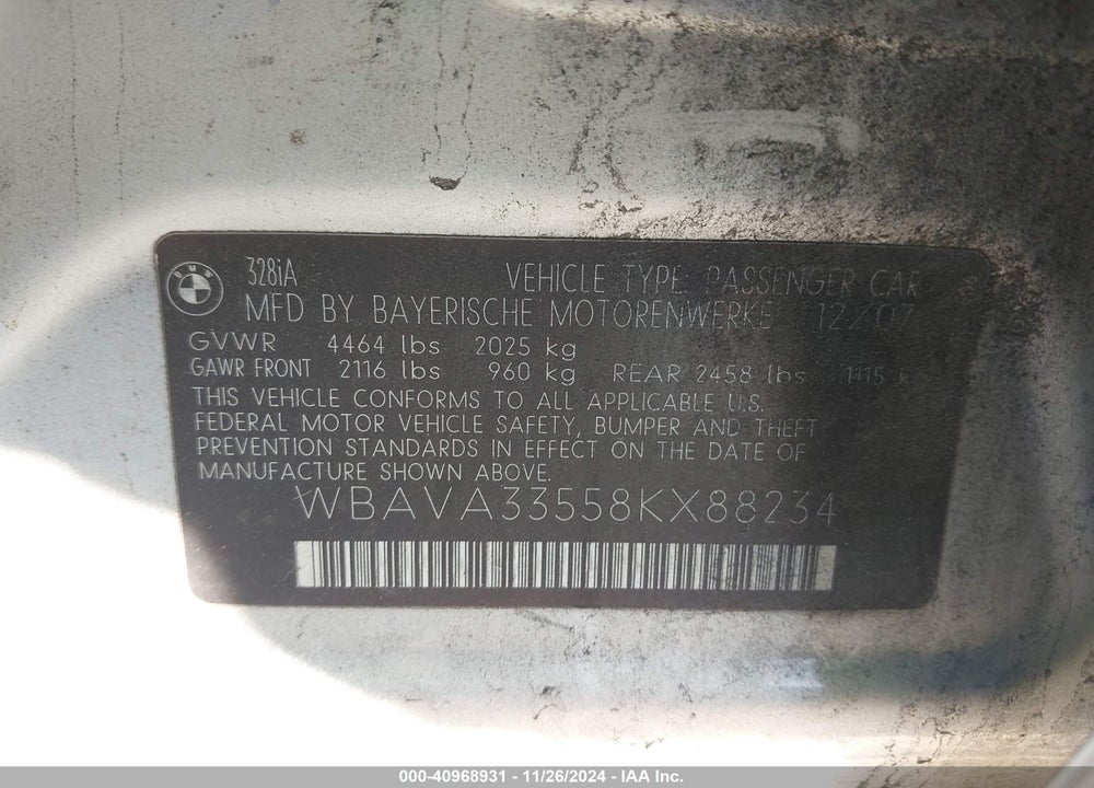 2008 BMW 328I VIN: WBAVA33558KX88234