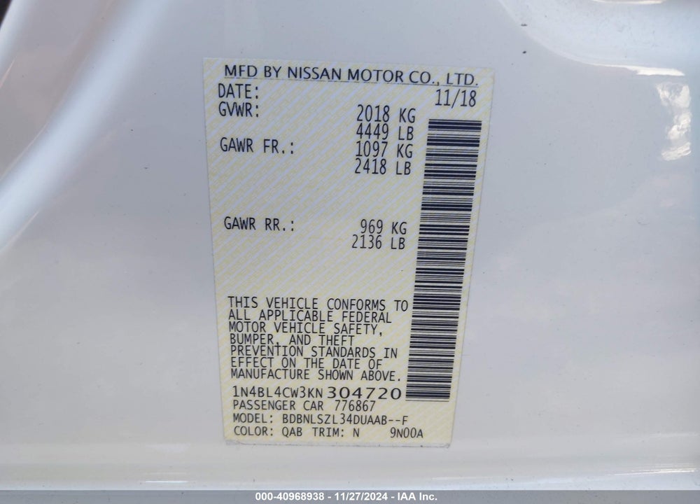 2019 NISSAN ALTIMA VIN: 1N4BL4CW3KN304720