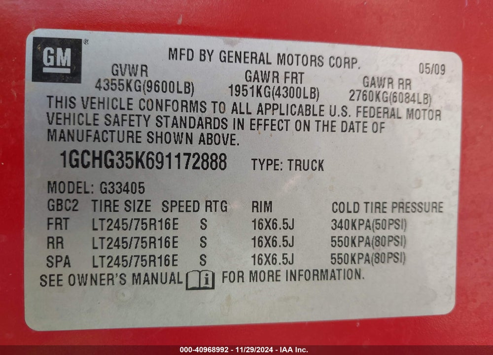 2009 CHEVROLET EXPRESS 3500 WORK VAN VIN: 1GCHG35K691172888