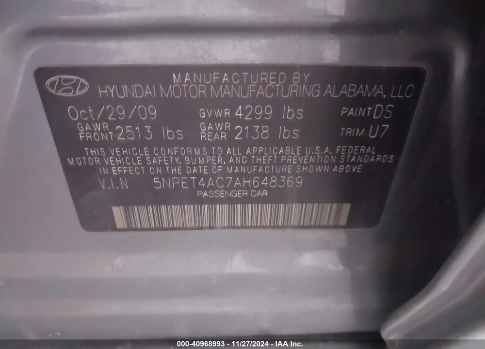 2010 HYUNDAI SONATA GLS VIN: 5NPET4AC7AH648369