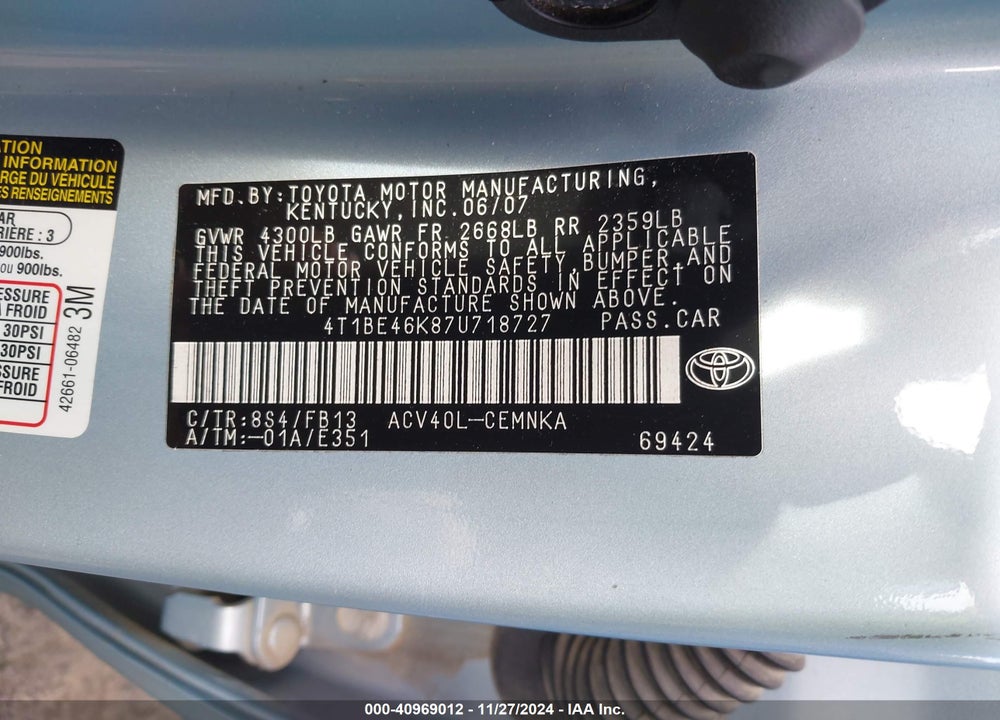 2007 TOYOTA CAMRY LE VIN: 4T1BE46K87U718727