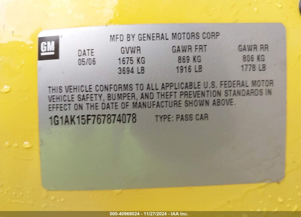 2006 CHEVROLET COBALT LS VIN: 1G1AK15F767874078
