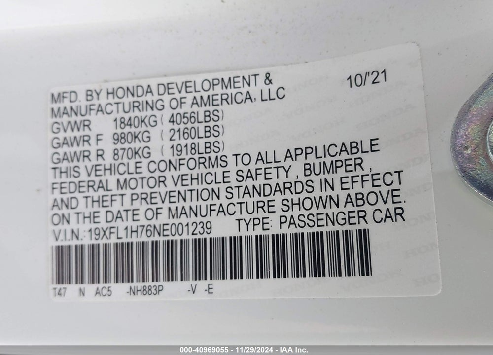 2022 HONDA CIVIC EX-L VIN: 19XFL1H76NE001239