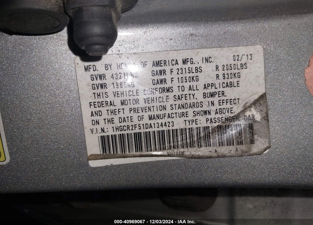 2013 HONDA ACCORD SPORT VIN: 1HGCR2F51DA134423