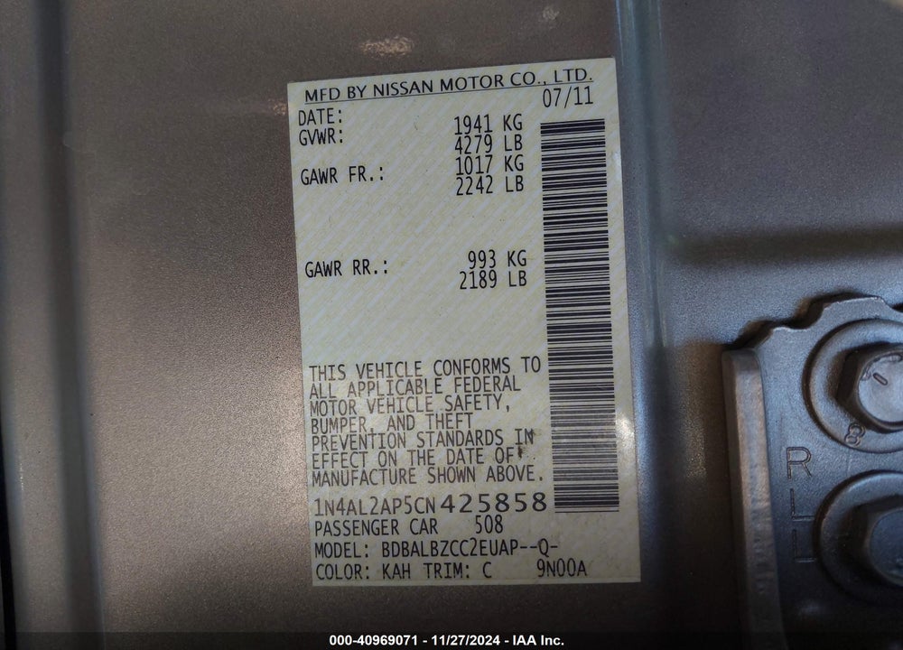 2012 NISSAN ALTIMA 2.5 S VIN: 1N4AL2AP5CN425858