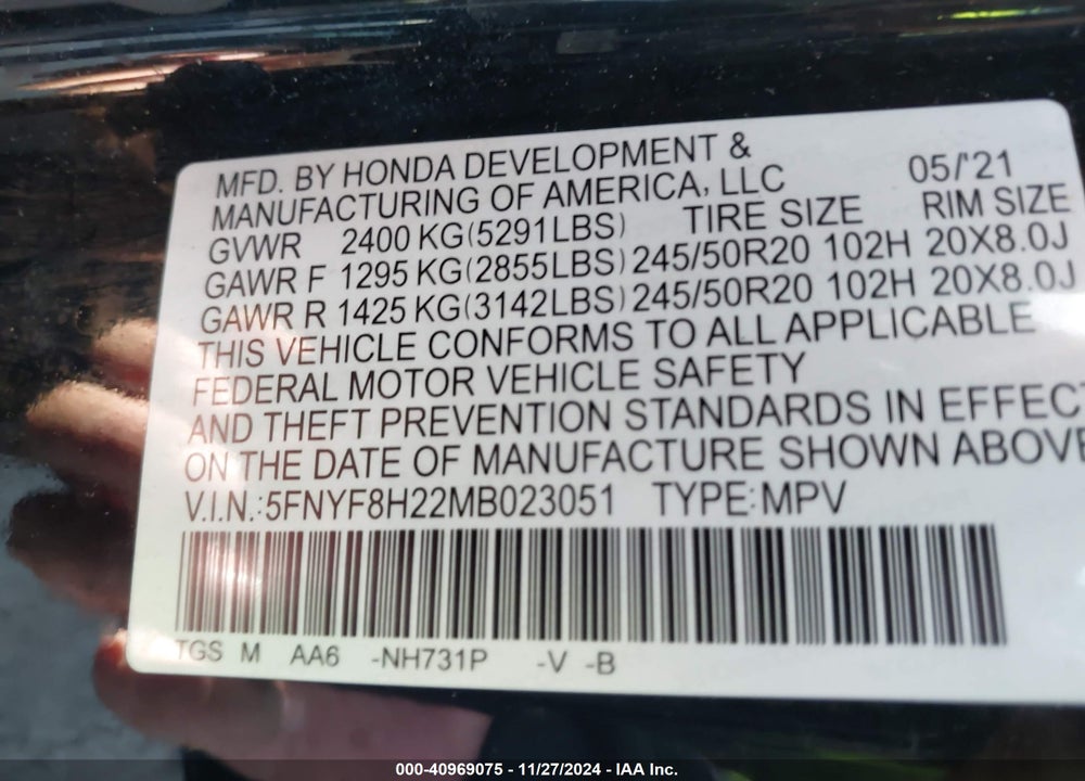 2021 HONDA PASSPORT AWD SPORT VIN: 5FNYF8H22MB023051