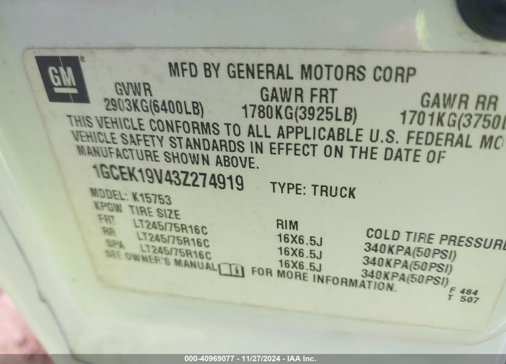 2003 CHEVROLET SILVERADO 1500 VIN: 1GCEK19V43Z274919