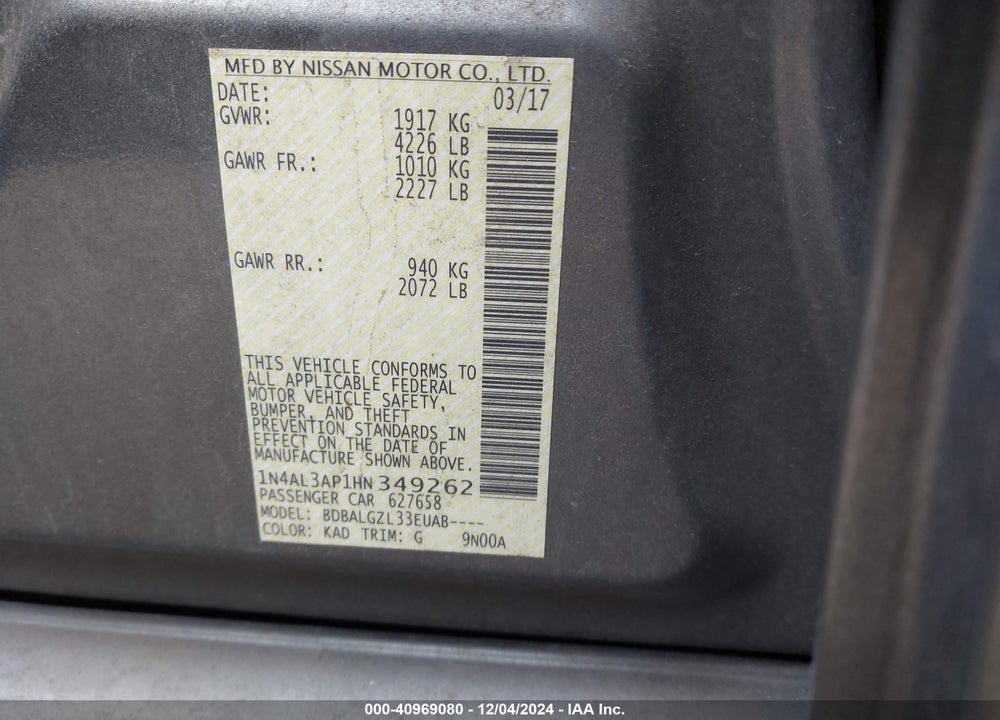 2017 NISSAN ALTIMA VIN: 1N4AL3AP1HN349262