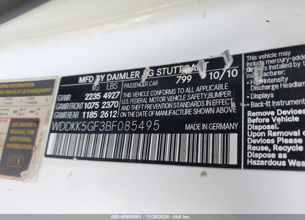2011 MERCEDES-BENZ E 350 VIN: WDDKK5GF3BF085495
