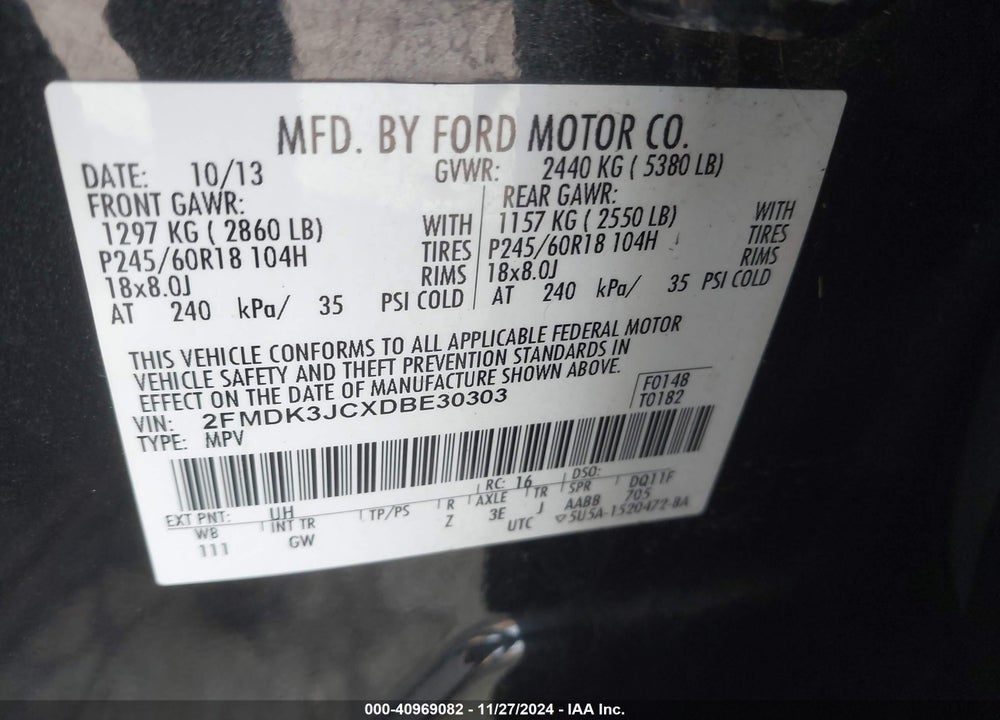 2013 FORD EDGE SEL VIN: 2FMDK3JCXDBE30303