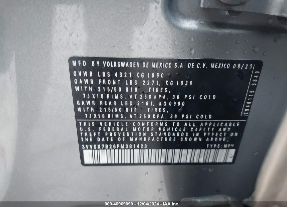 2023 VOLKSWAGEN TAOS 1.5T SE VIN: 3VVSX7B26PM381423