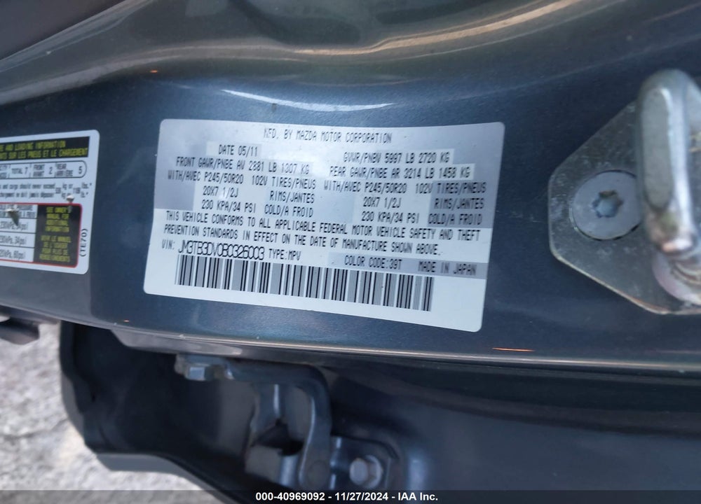 2011 MAZDA CX-9 GRAND TOURING VIN: JM3TB3DV0B0326003