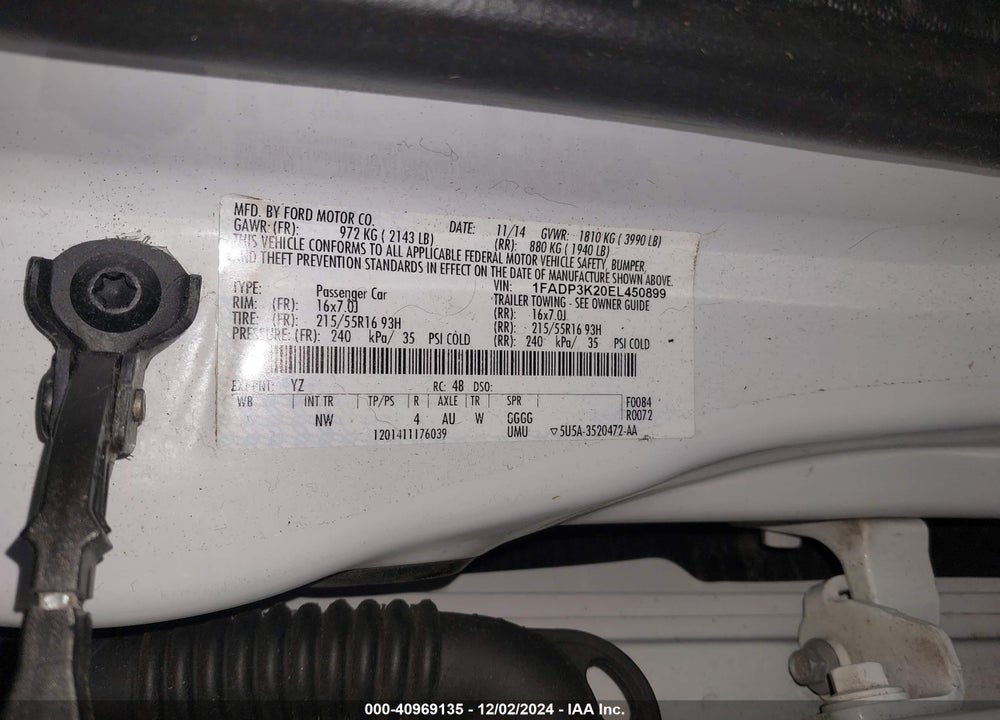 2014 FORD FOCUS SE VIN: 1FADP3K20EL450899