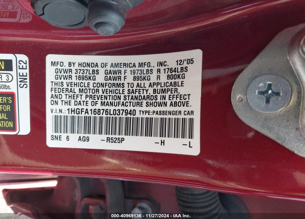 2006 HONDA CIVIC EX VIN: 1HGFA16876L037940
