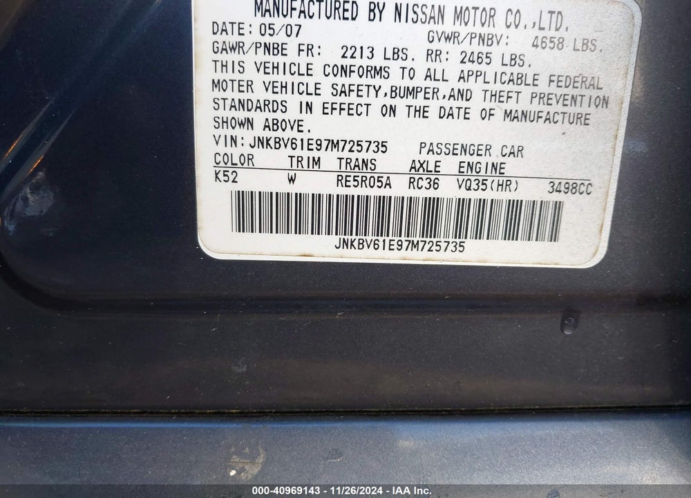 2007 INFINITI G35 SPORT VIN: JNKBV61E97M725735
