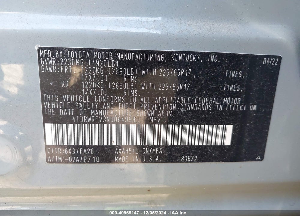 2022 TOYOTA RAV4 HYBRID XLE VIN: 4T3RWRFV3NU064999