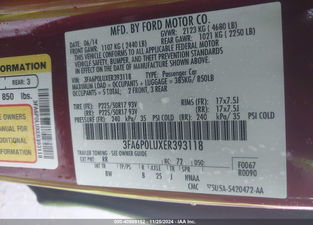 2014 FORD FUSION HYBRID SE VIN: 3FA6P0LUXER393118