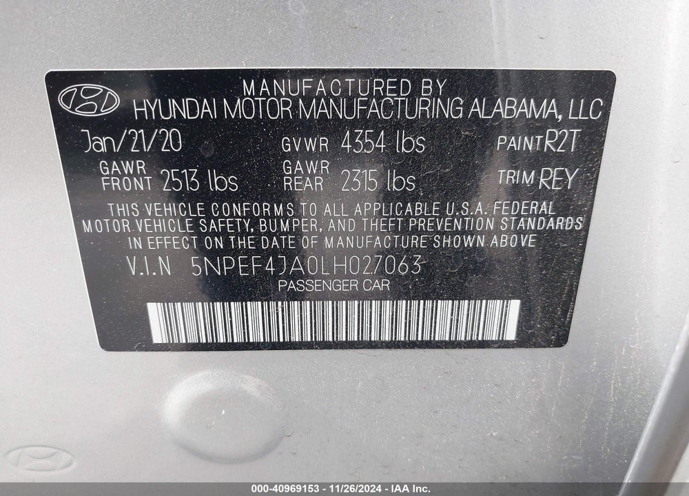 2020 HYUNDAI SONATA SEL VIN: 5NPEF4JA0LH027063