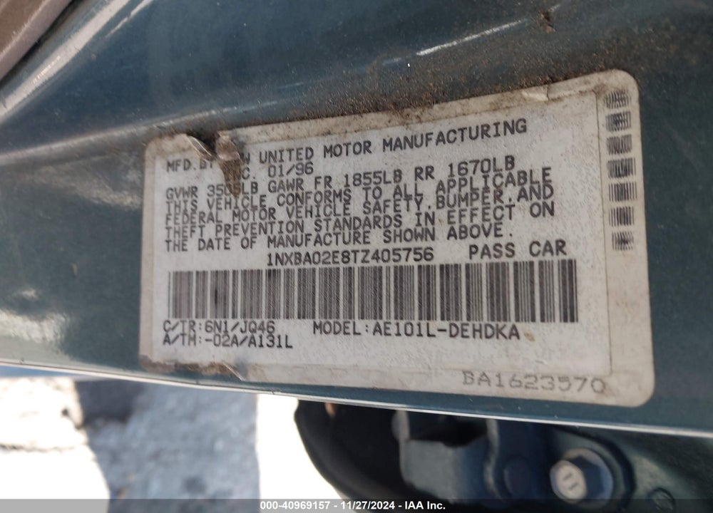 1996 TOYOTA COROLLA VIN: 1NXBA02E8TZ405756