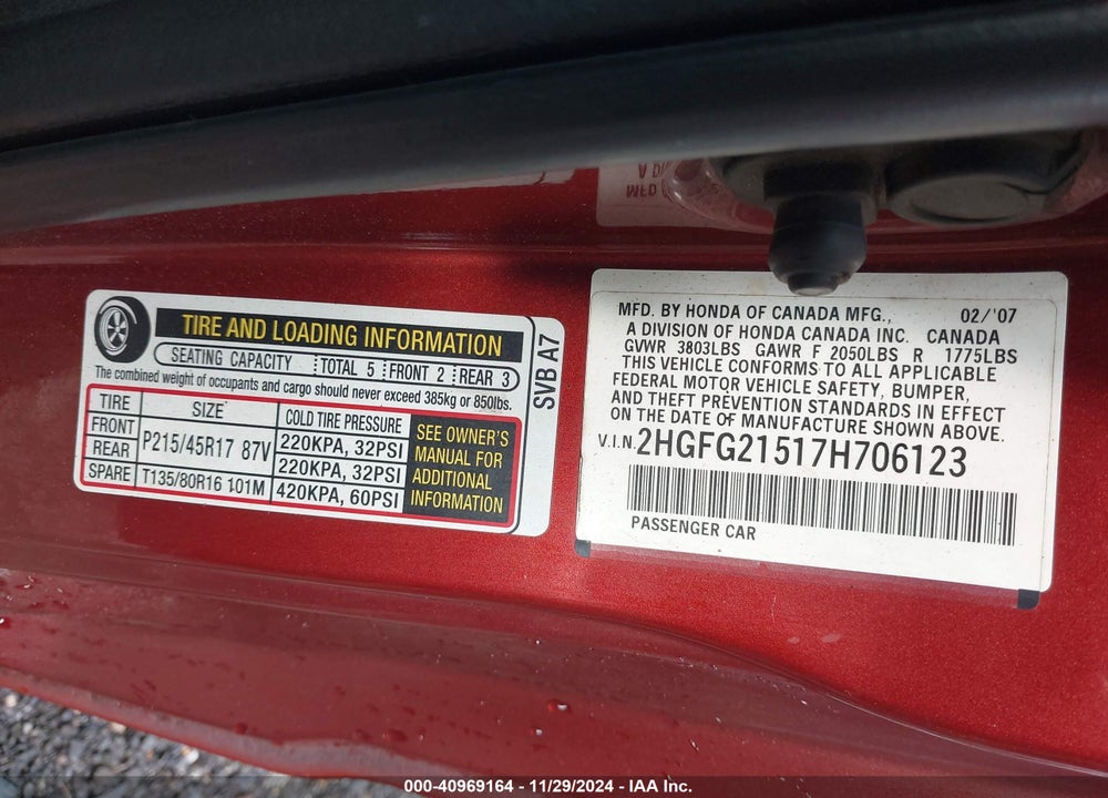 2007 HONDA CIVIC SI VIN: 2HGFG21517H706123