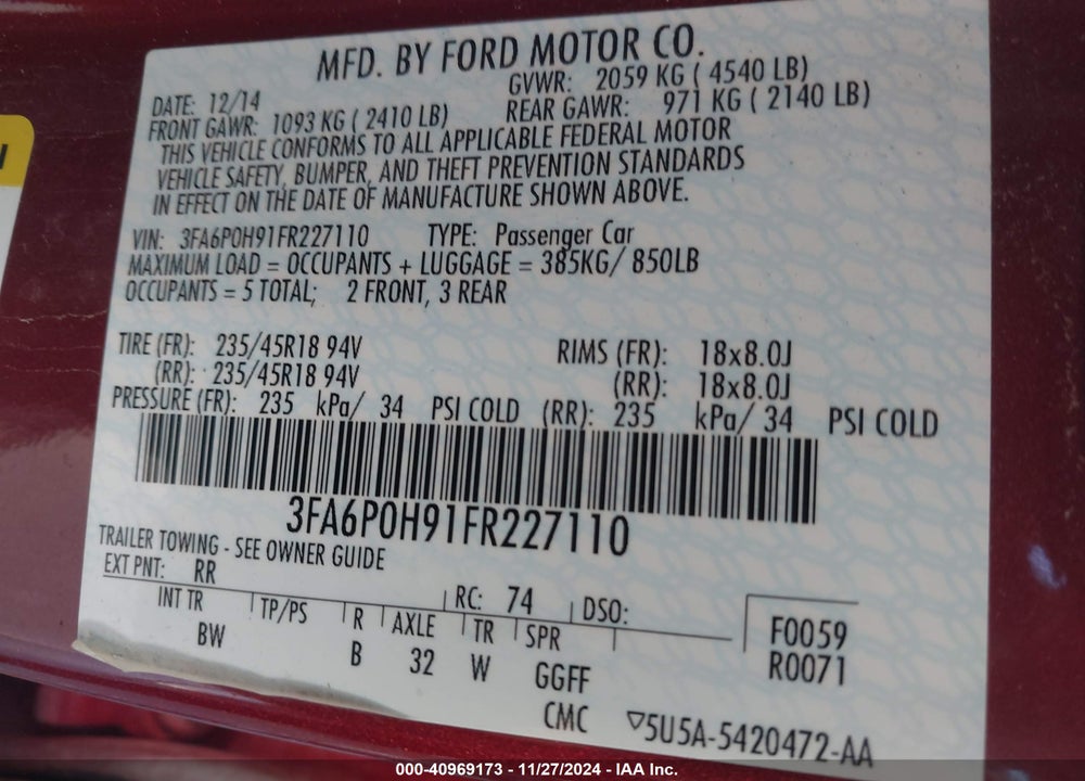 2015 FORD FUSION SE VIN: 3FA6P0H91FR227110