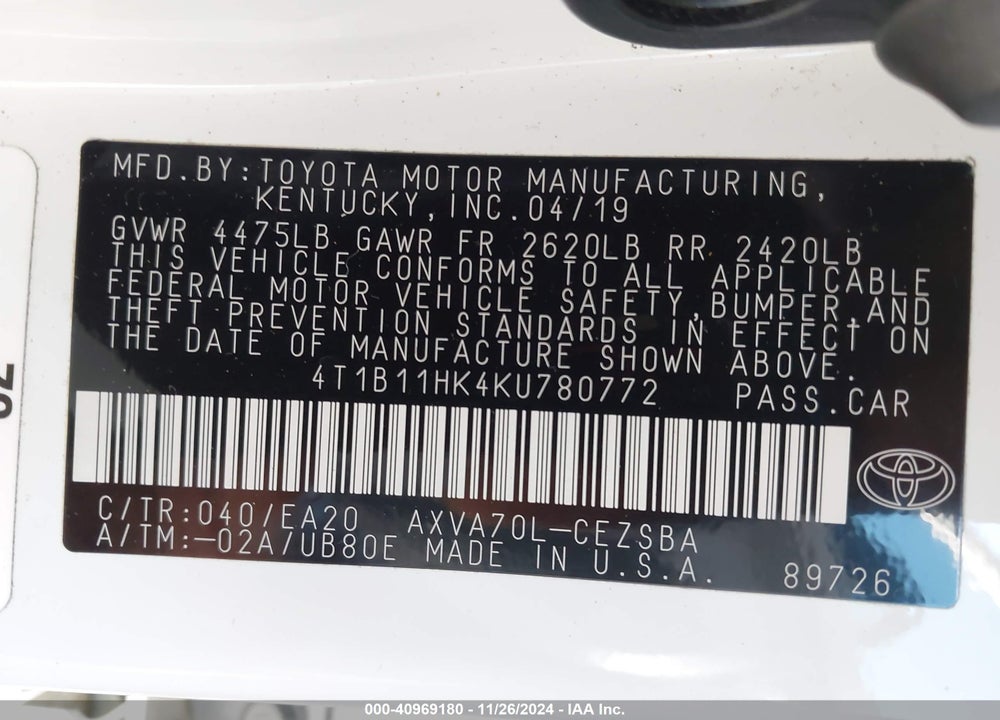 2019 TOYOTA CAMRY VIN: 4T1B11HK4KU780772