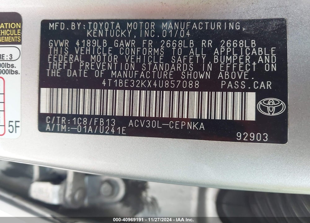 2004 TOYOTA CAMRY LE VIN: 4T1BE32KX4U857088