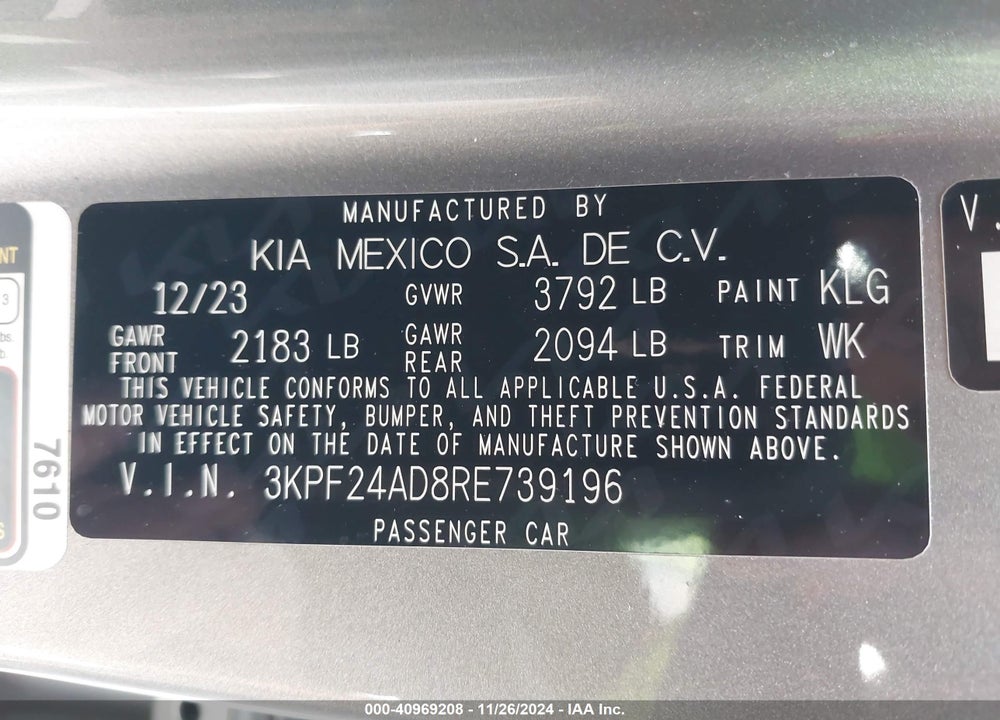 2024 KIA FORTE LXS VIN: 3KPF24AD8RE739196