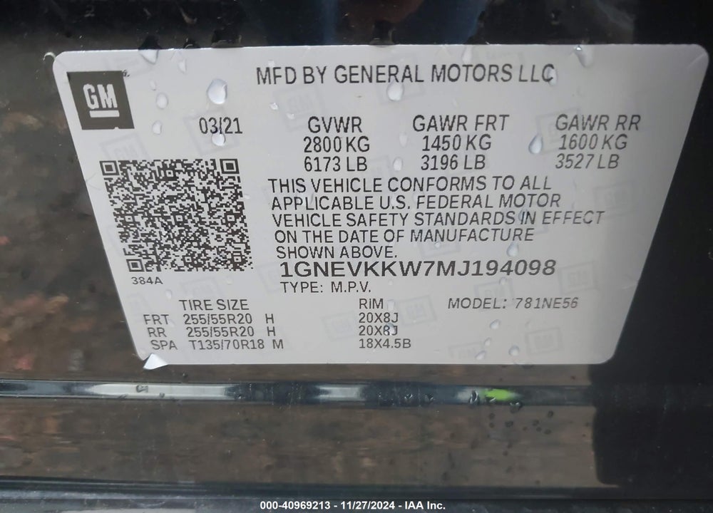 2021 CHEVROLET TRAVERSE AWD PREMIER VIN: 1GNEVKKW7MJ194098
