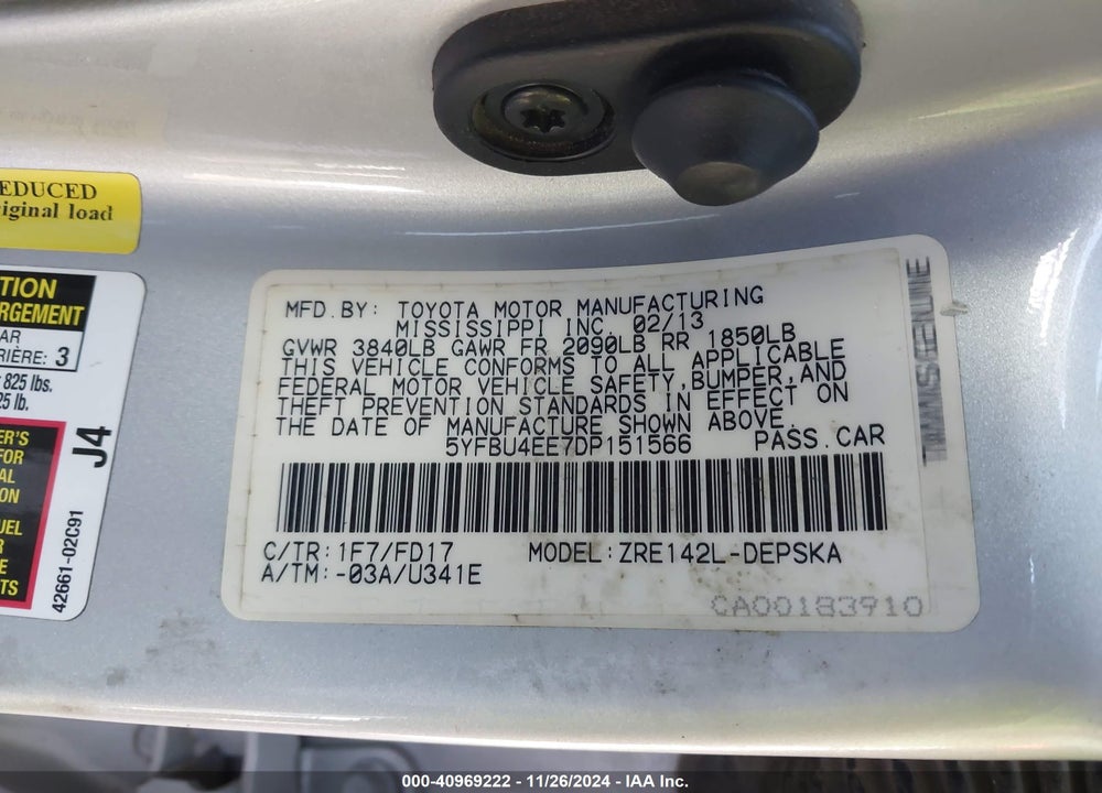 2013 TOYOTA COROLLA S VIN: 5YFBU4EE7DP151566