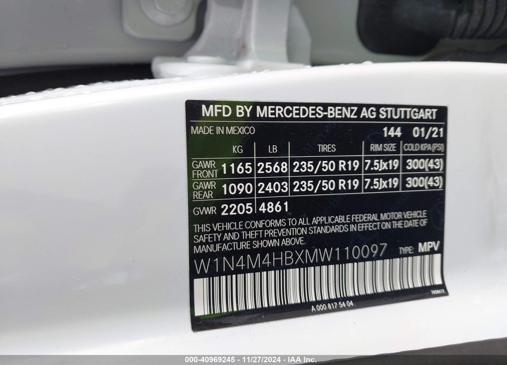 2021 MERCEDES-BENZ GLB 250 4MATIC VIN: W1N4M4HBXMW110097