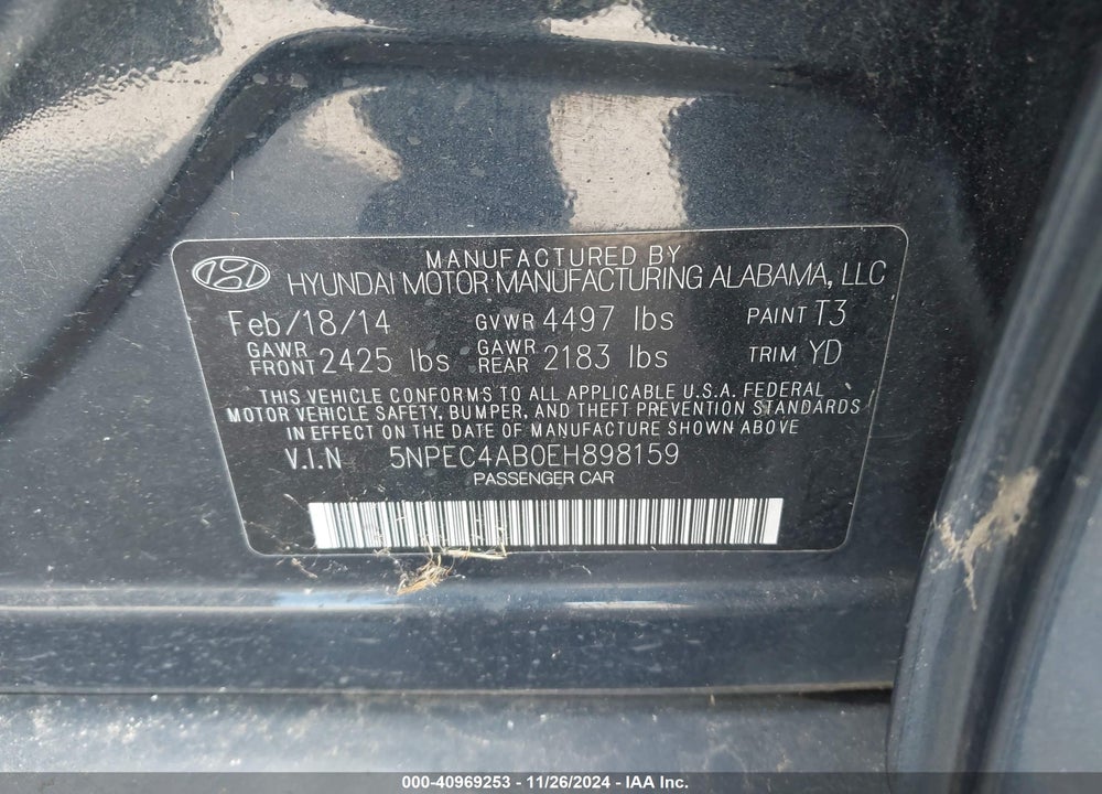 2014 HYUNDAI SONATA LIMITED 2.0T VIN: 5NPEC4AB0EH898159
