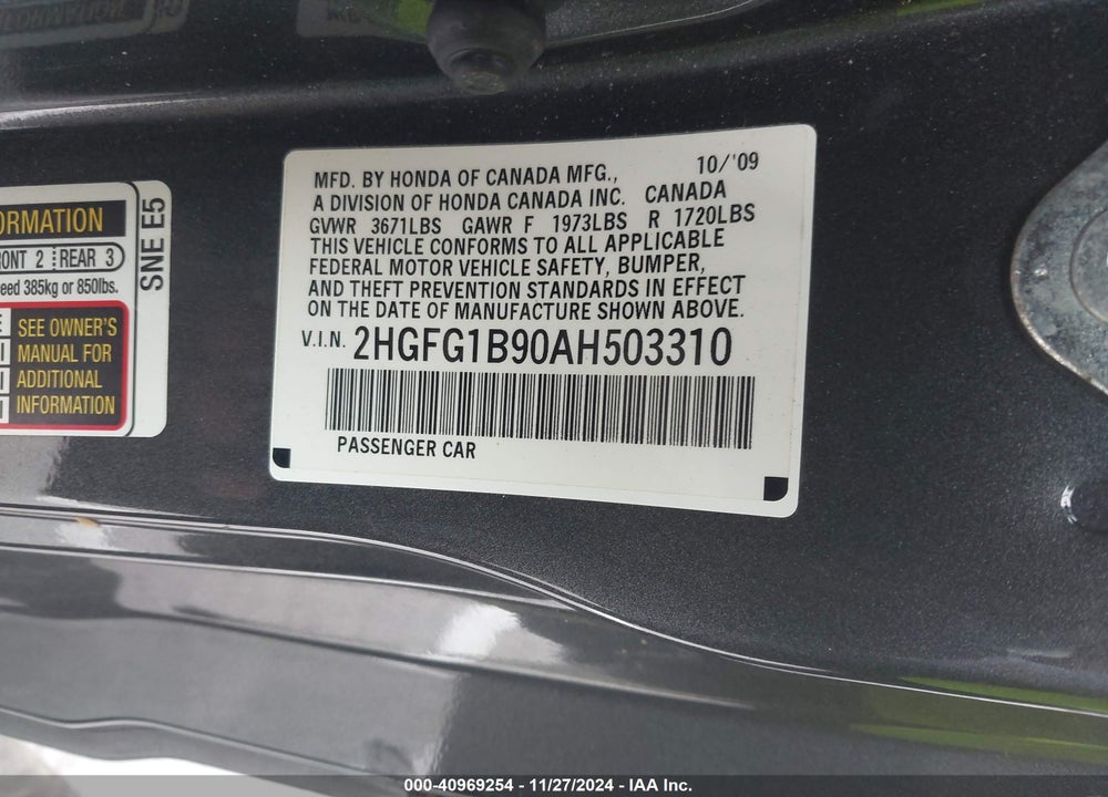 2010 HONDA CIVIC EX-L VIN: 2HGFG1B90AH503310