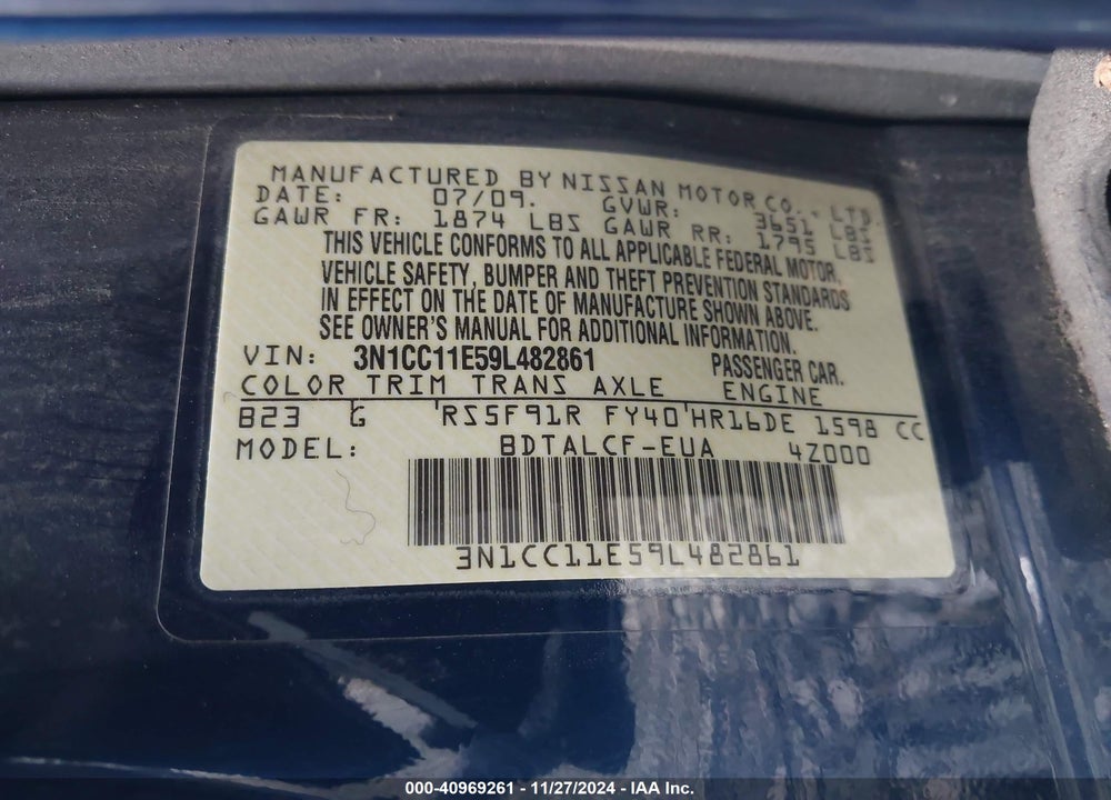 2009 NISSAN VERSA 1.6 VIN: 3N1CC11E59L482861