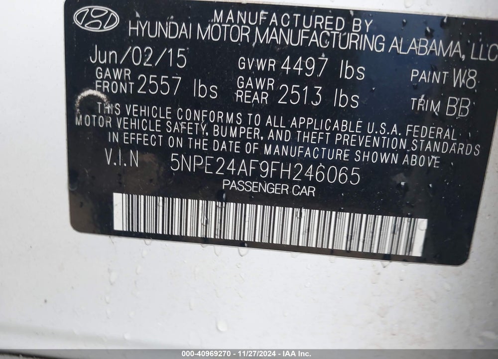 2015 HYUNDAI SONATA SE VIN: 5NPE24AF9FH246065