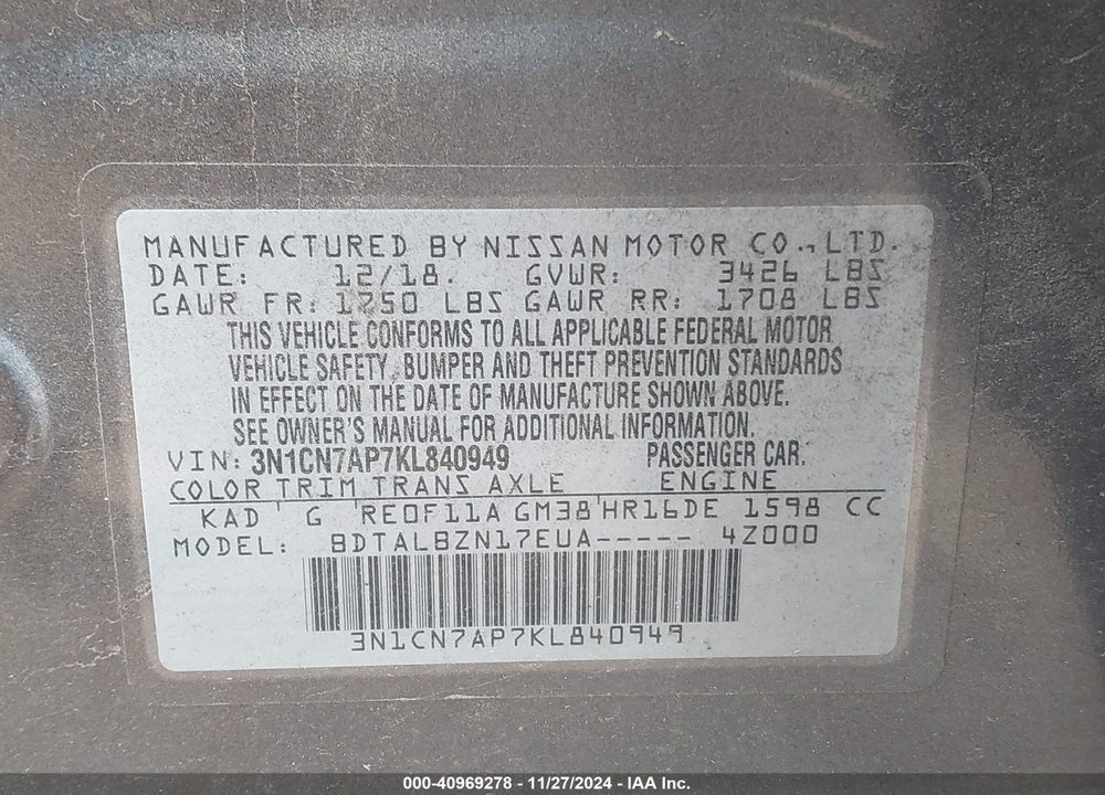 2019 NISSAN VERSA VIN: 3N1CN7AP7KL840949