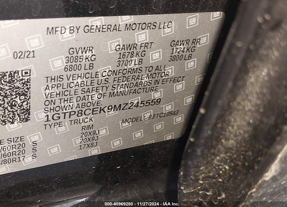 2021 GMC SIERRA 1500 2WD SHORT BOX ELEVATION VIN: 1GTP8CEK9MZ245559