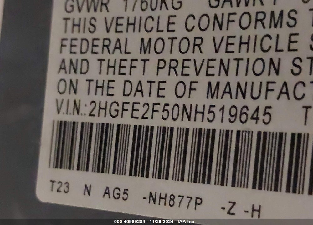 2022 HONDA CIVIC VIN: 2HGFE2F50NH519645
