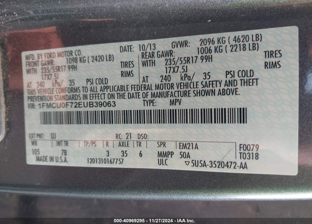 2014 FORD ESCAPE S VIN: 1FMCU0F72EUB39063