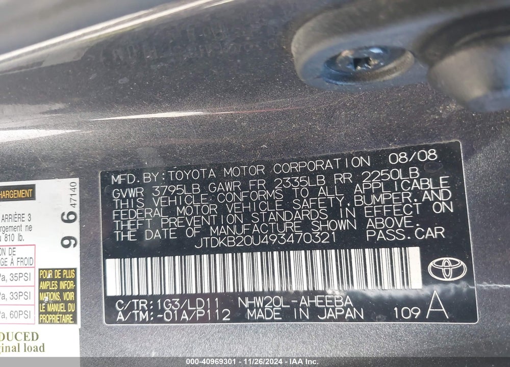 2009 TOYOTA PRIUS VIN: JTDKB20U493470321