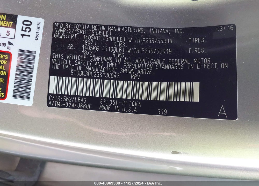 2016 TOYOTA SIENNA LIMITED PREMIUM 7 PASSENGER VIN: 5TDDK3DC2GS136042
