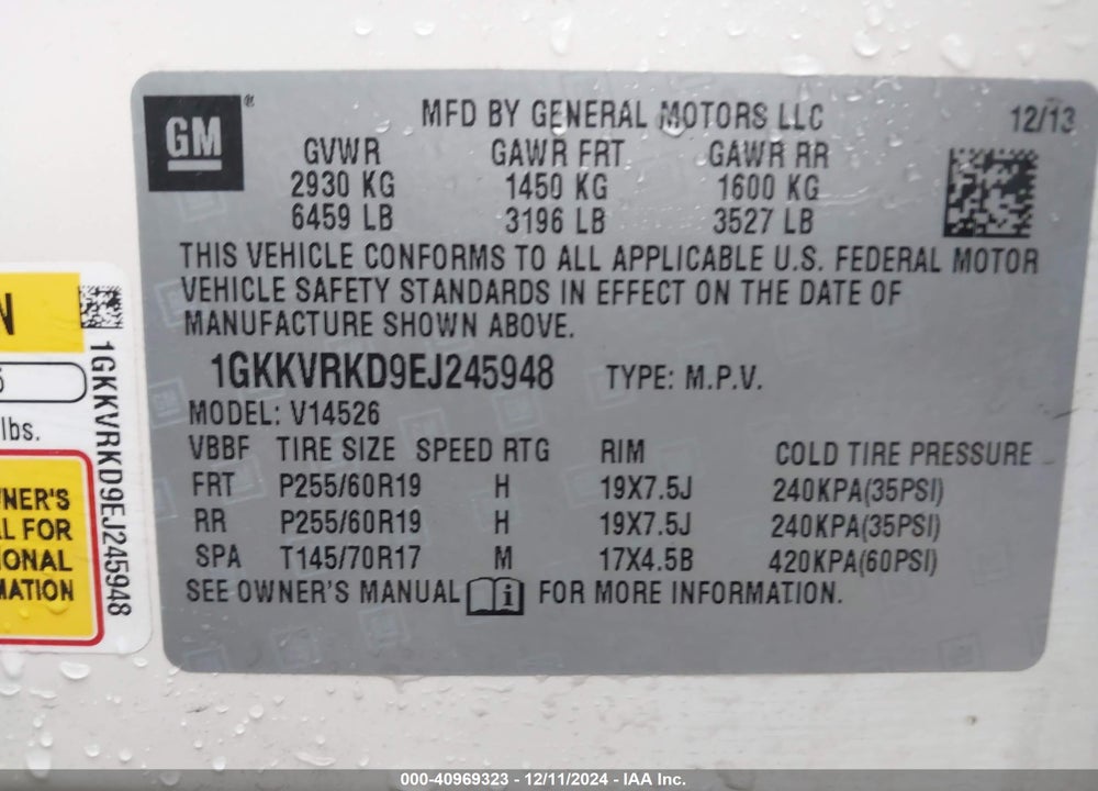 2014 GMC ACADIA SLT-1 VIN: 1GKKVRKD9EJ245948