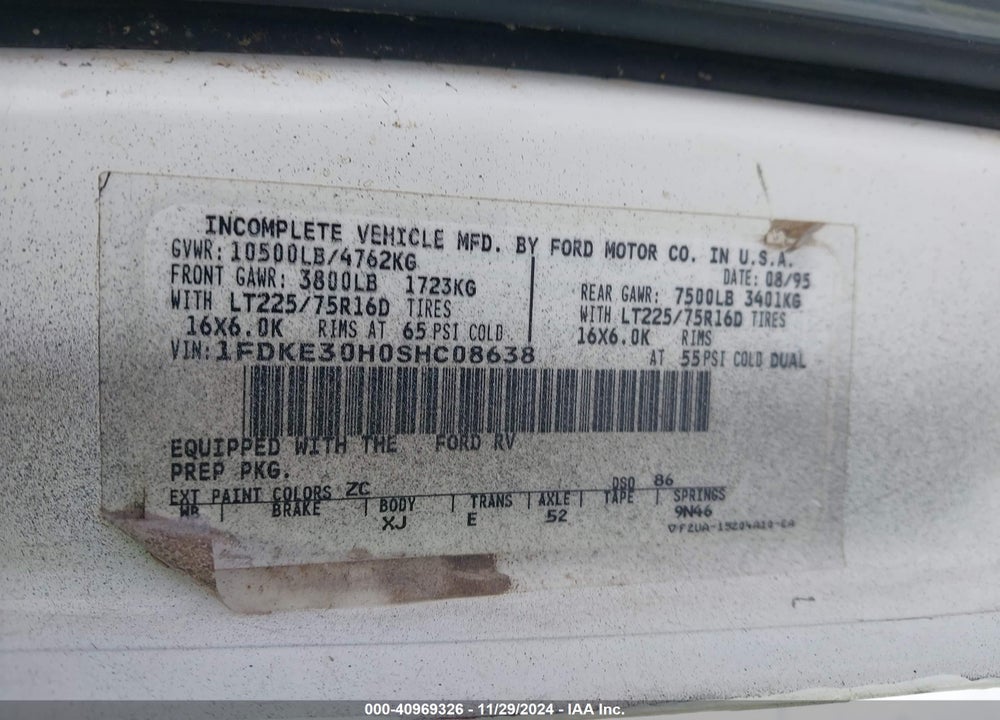1995 FORD ECONOLINE E350 CUTAWAY VAN VIN: 1FDKE30H0SHC08638