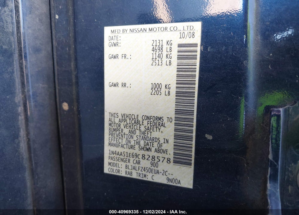 2009 NISSAN MAXIMA 3.5 SV VIN: 1N4AA51E69C828578