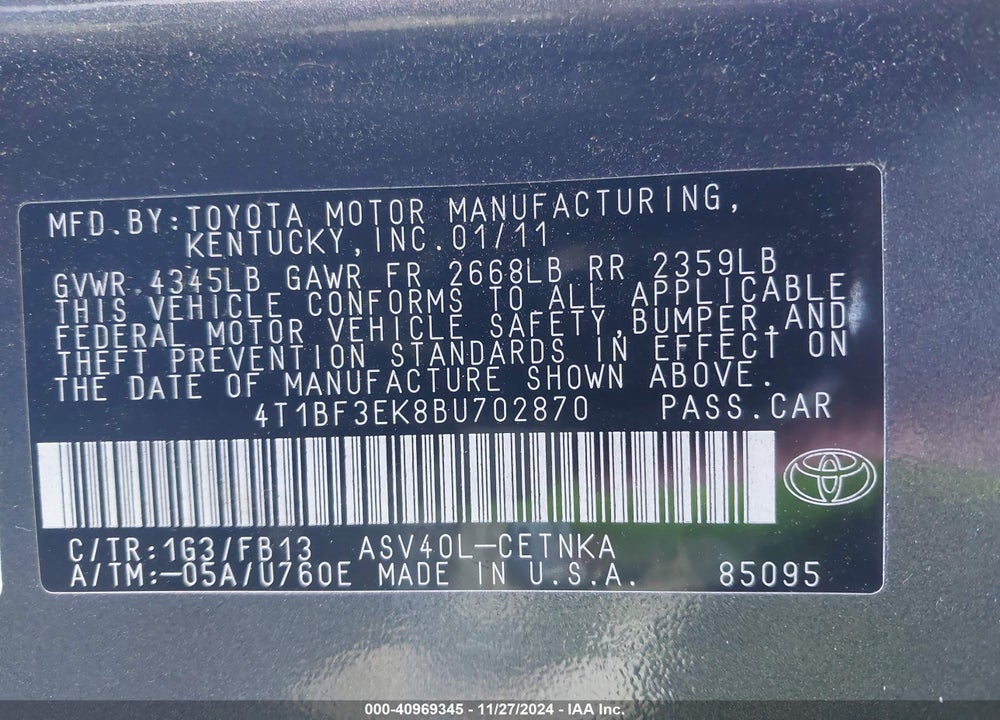 2011 TOYOTA CAMRY VIN: 4T1BF3EK8BU702870