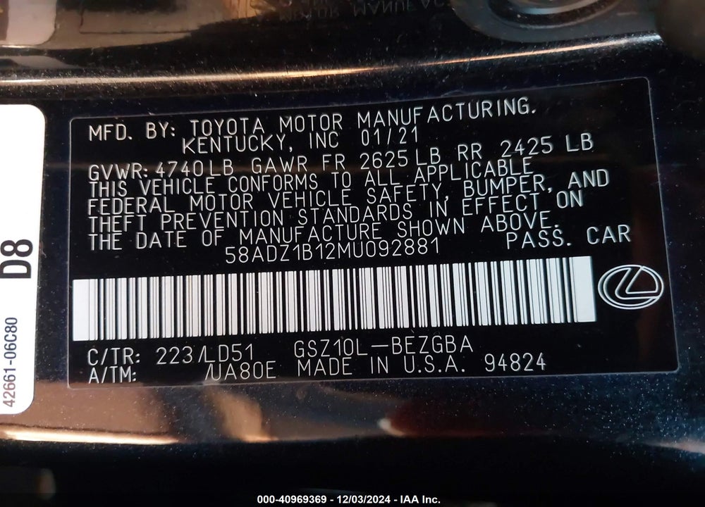 2021 LEXUS ES 350 VIN: 58ADZ1B12MU092881