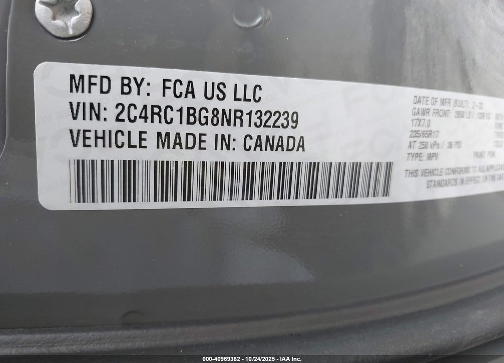2022 CHRYSLER PACIFICA VIN: 2C4RC1BG8NR132239