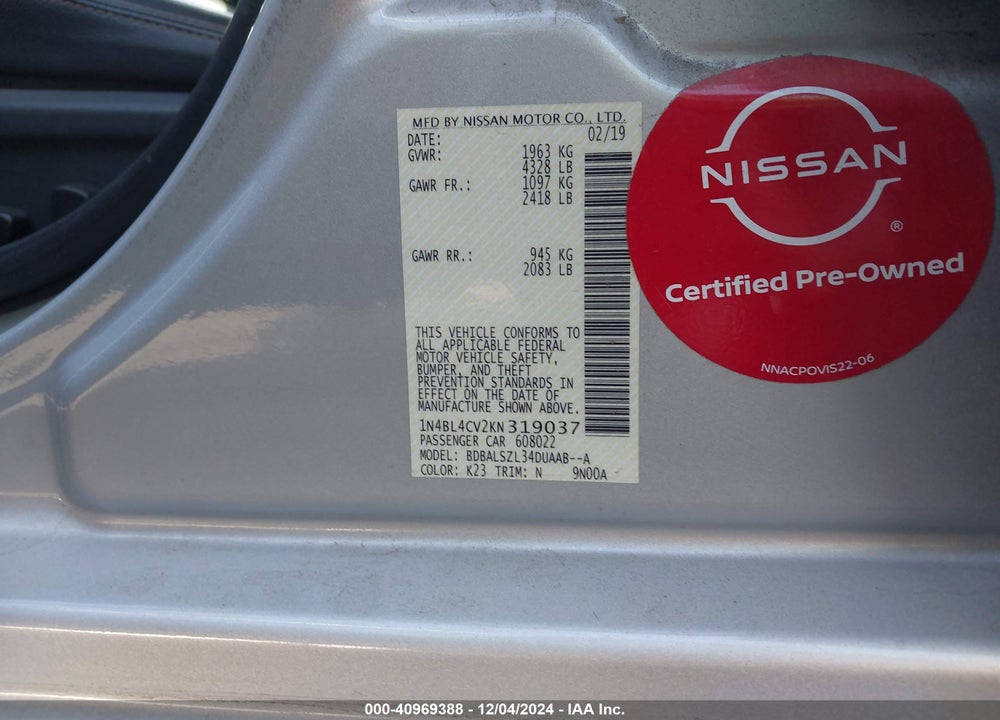 2019 NISSAN ALTIMA 2.5 SR VIN: 1N4BL4CV2KN319037